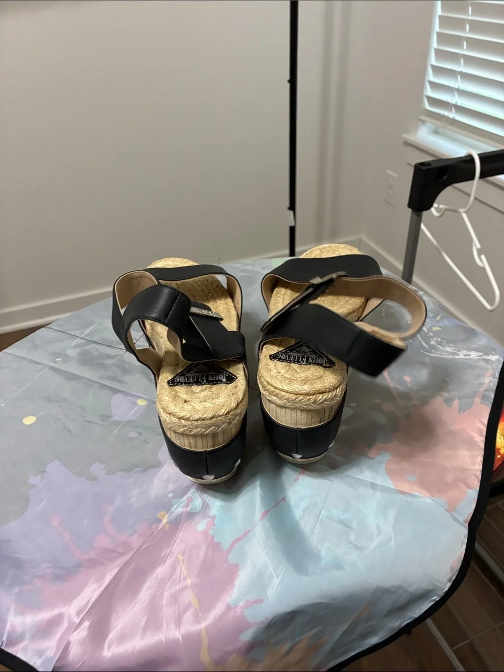 John Fluevog Black Leather Espadrille Wedge Sandals